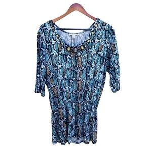 Kenar Top Blouse Animal Scoop Neck 1/2 Sleeve Beaded Neckline Peplum Aqua Sz 1X